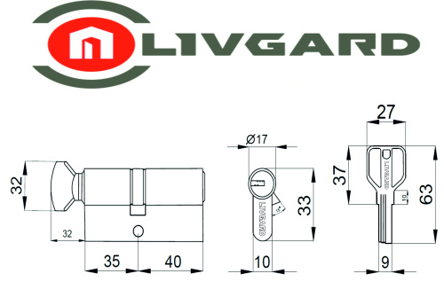 Цилиндровый механизм LIVGARD CW35/40 перфо.ключ-вертушка PB Полированная латунь фото 2