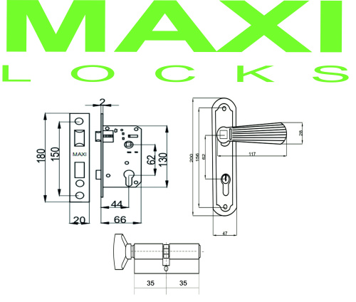 Замок врезной MAXI Locks MLC62-297-SN комплект с ручками и ц.м. Матовый никель фото 2