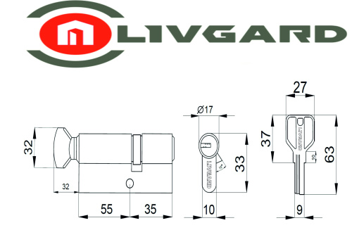 Цилиндровый механизм LIVGARD CW55/35 перфо.ключ-вертушка PB Полированная латунь фото 2