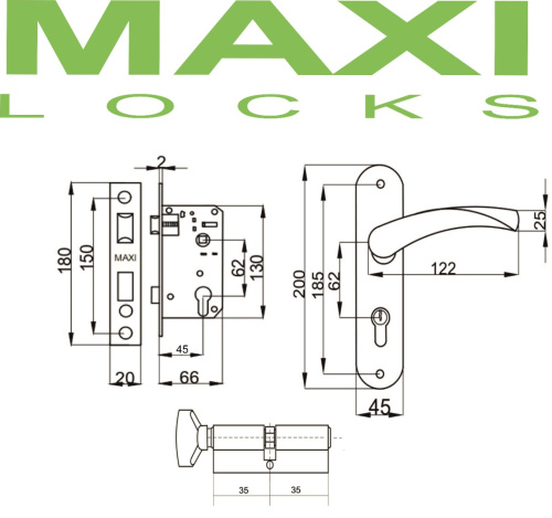 Замок врезной MAXI Locks MLC62-550-PB комплект с ручками и ц.м. Полированная латунь фото 2
