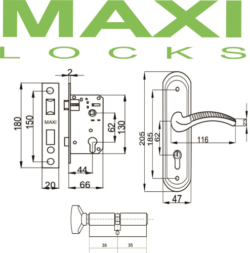 Замок врезной MAXI Locks MLC62-510-CP комплект с ручками и ц.м. Хром фото 2