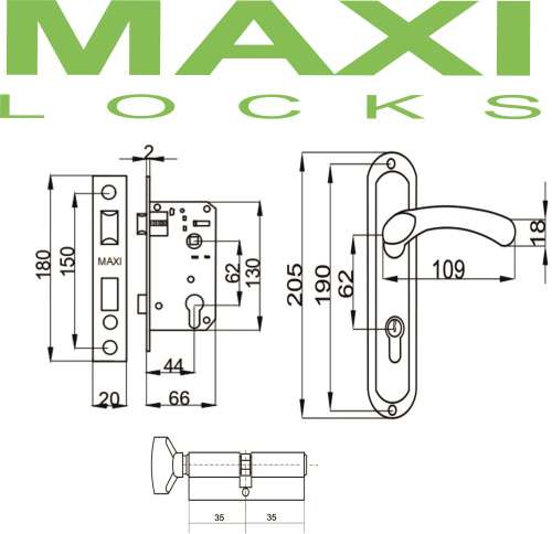 Замок врезной MAXI Locks MLC62-504-AC комплект с ручками и ц.м. Медь фото 2