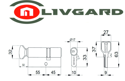 Цилиндровый механизм LIVGARD CW55/45 перфо.ключ-вертушка PB Полированная латунь фото 2