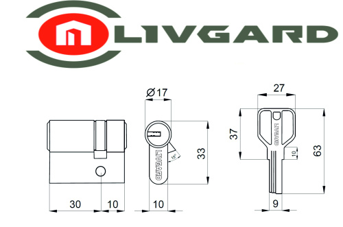 Цилиндровый механизм LIVGARD C30/10 перфо.ключ-ключ PB Полированная латунь фото 2