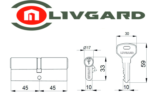 Цилиндровый механизм LIVGARD N90 англ.ключ-ключ PB Полированная латунь фото 2