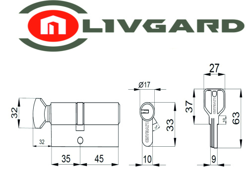Цилиндровый механизм LIVGARD CW35/45 перфо.ключ-вертушка PB Полированная латунь фото 2