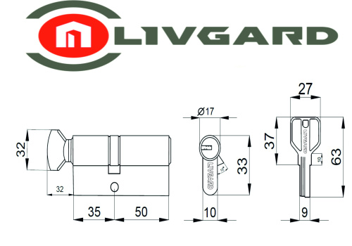 Цилиндровый механизм LIVGARD CW35/50 перфо.ключ-вертушка PB Полированная латунь фото 2