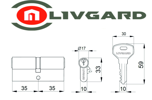 Цилиндровый механизм LIVGARD N70 англ.ключ-ключ PB Полированная латунь фото 2