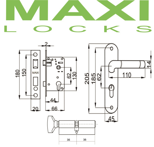 Замок врезной MAXI Locks MLC62-105-PB комплект с ручками и ц.м. Полированная латунь фото 2