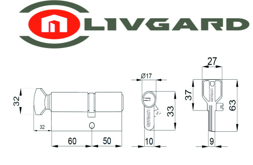 Цилиндровый механизм LIVGARD CW60/50 перфо.ключ-вертушка PB Полированная латунь фото 2