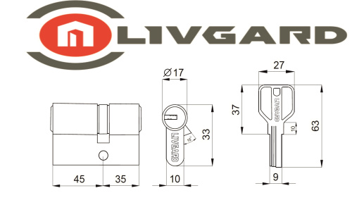 Цилиндровый механизм LIVGARD C45/35 перфо.ключ-ключ PB Полированная латунь фото 2