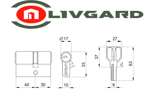Цилиндровый механизм LIVGARD C40/30 перфо.ключ-ключ PB Полированная латунь фото 2