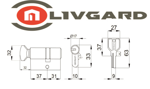 Цилиндровый механизм LIVGARD CW37/31 перфо.ключ-вертушка PB Полированная латунь фото 2