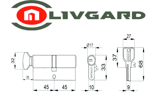 Цилиндровый механизм LIVGARD CW90 перфо.ключ-вертушка PB Полированная латунь фото 2