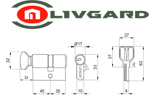 Цилиндровый механизм LIVGARD CW45/35 перфо.ключ-вертушка SN Матовый никель фото 2