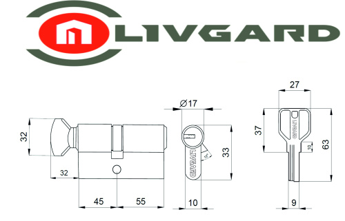 Цилиндровый механизм LIVGARD CW45/55 перфо.ключ-вертушка PB Полированная латунь фото 2