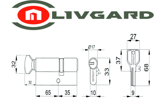 Цилиндровый механизм LIVGARD CW65/35 перфо.ключ-вертушка PB Полированная латунь фото 2