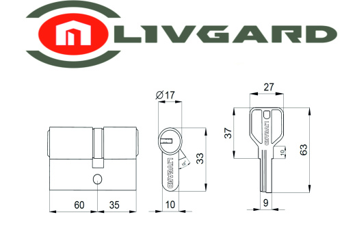 Цилиндровый механизм LIVGARD C60/35 перфо.ключ-ключ PB Полированная латунь фото 2