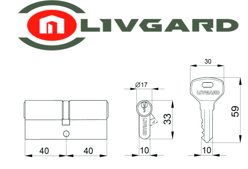 Цилиндровый механизм LIVGARD N80 англ.ключ-ключ SN Матовый никель фото 2
