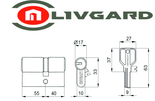 Цилиндровый механизм LIVGARD C55/40 перфо.ключ-ключ PB Полированная латунь фото 2