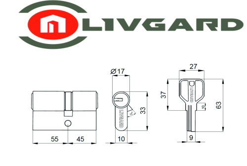 Цилиндровый механизм LIVGARD C55/45 перфо.ключ-ключ PB Полированная латунь фото 2