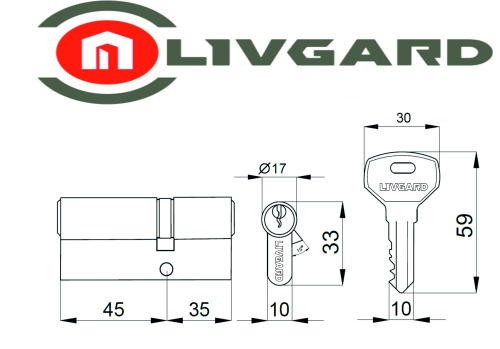 Цилиндровый механизм LIVGARD N45/35 англ.ключ-ключ PB Полированная латунь фото 2